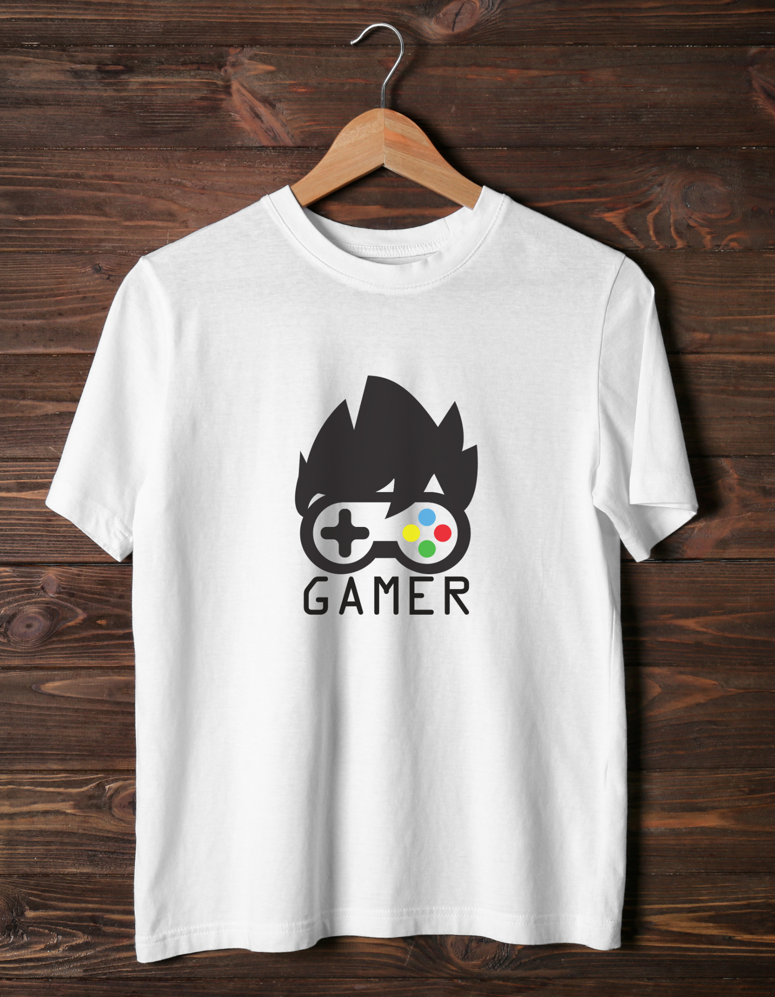 Gamer cotton T-shirt – flat lay gaming-themed kids tee