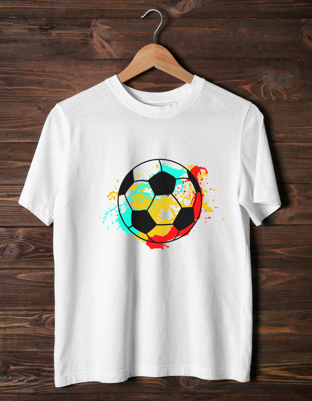 Football Splashes Color cotton T-shirt – flat lay sporty kids tee