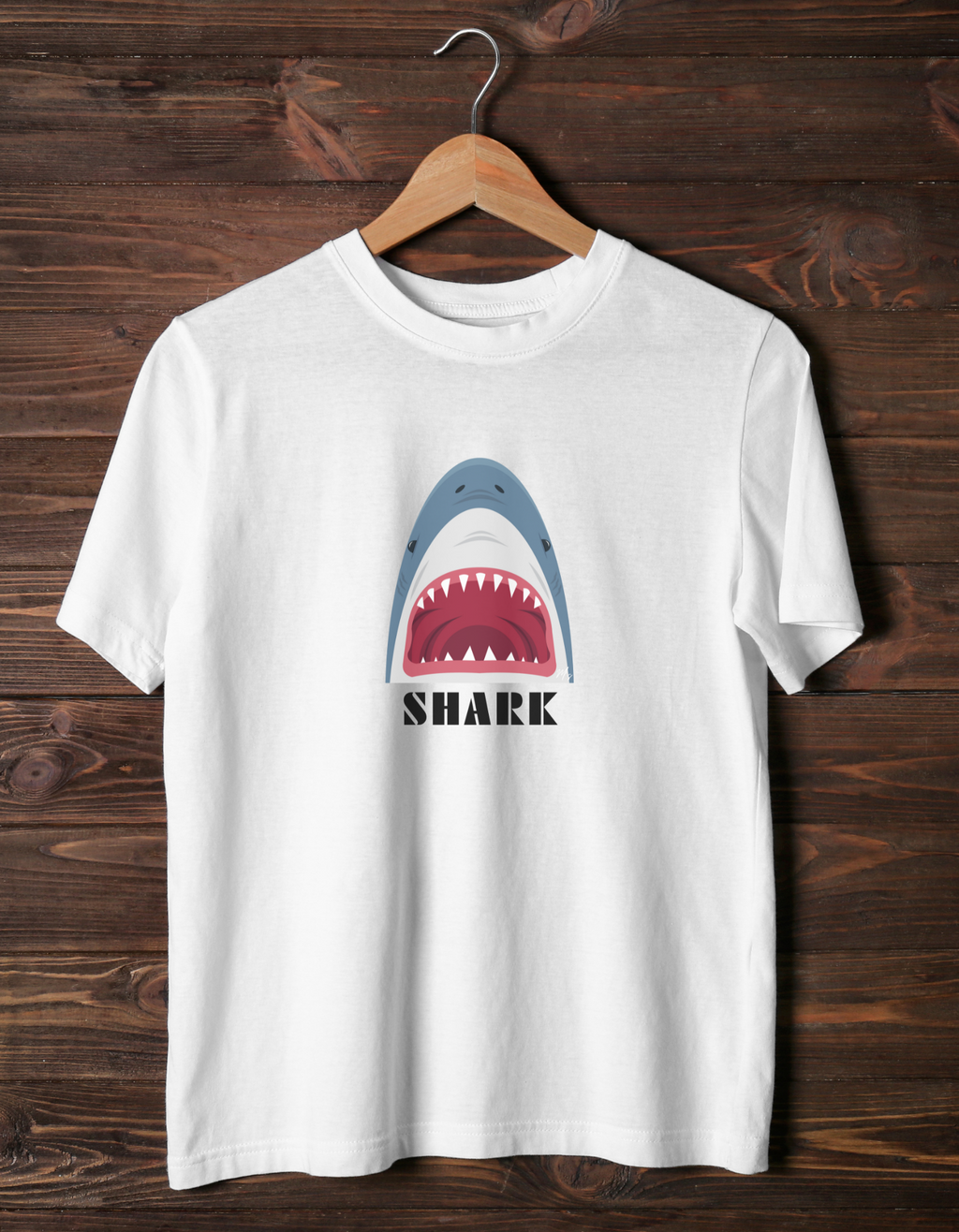 Shark Open Mouth T-shirt – flat lay kids tee with big shark graphic