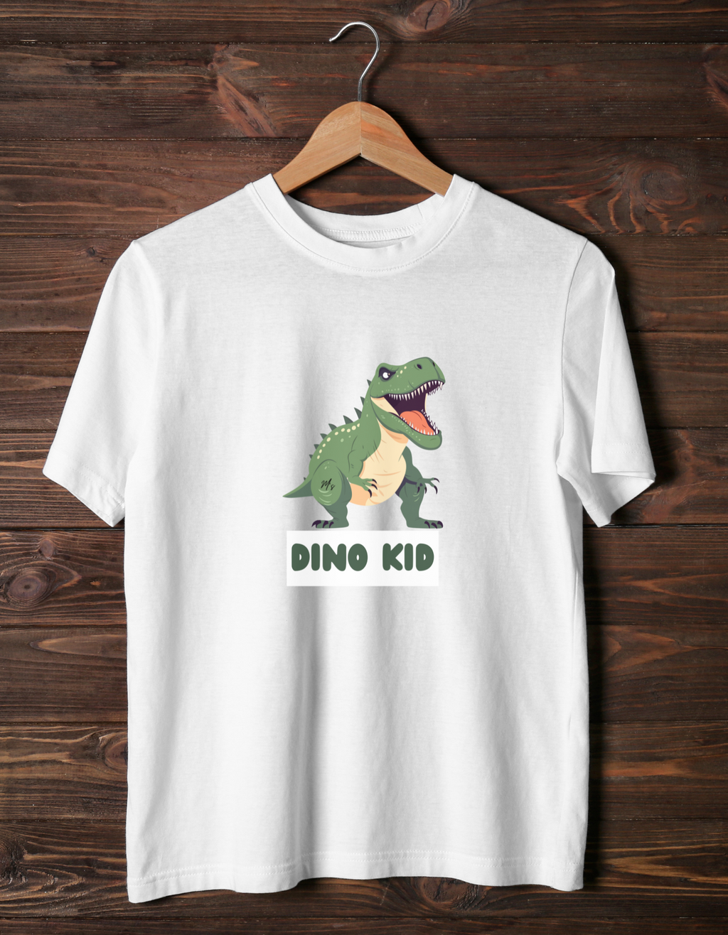 Dino Kid cotton T-shirt – flat lay fun dinosaur-themed kids tee