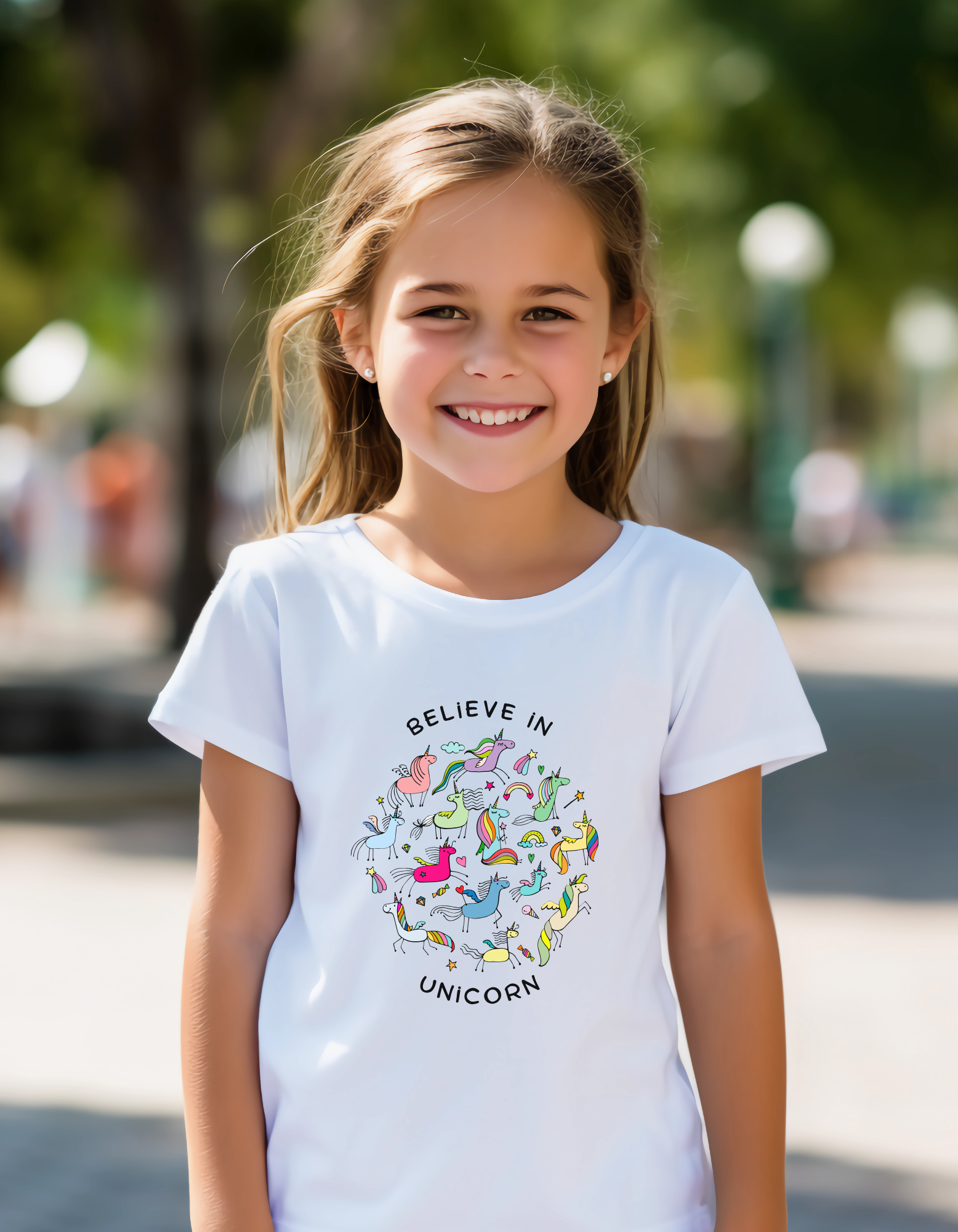 Girl wearing Believe in Unicorn cotton T-shirt