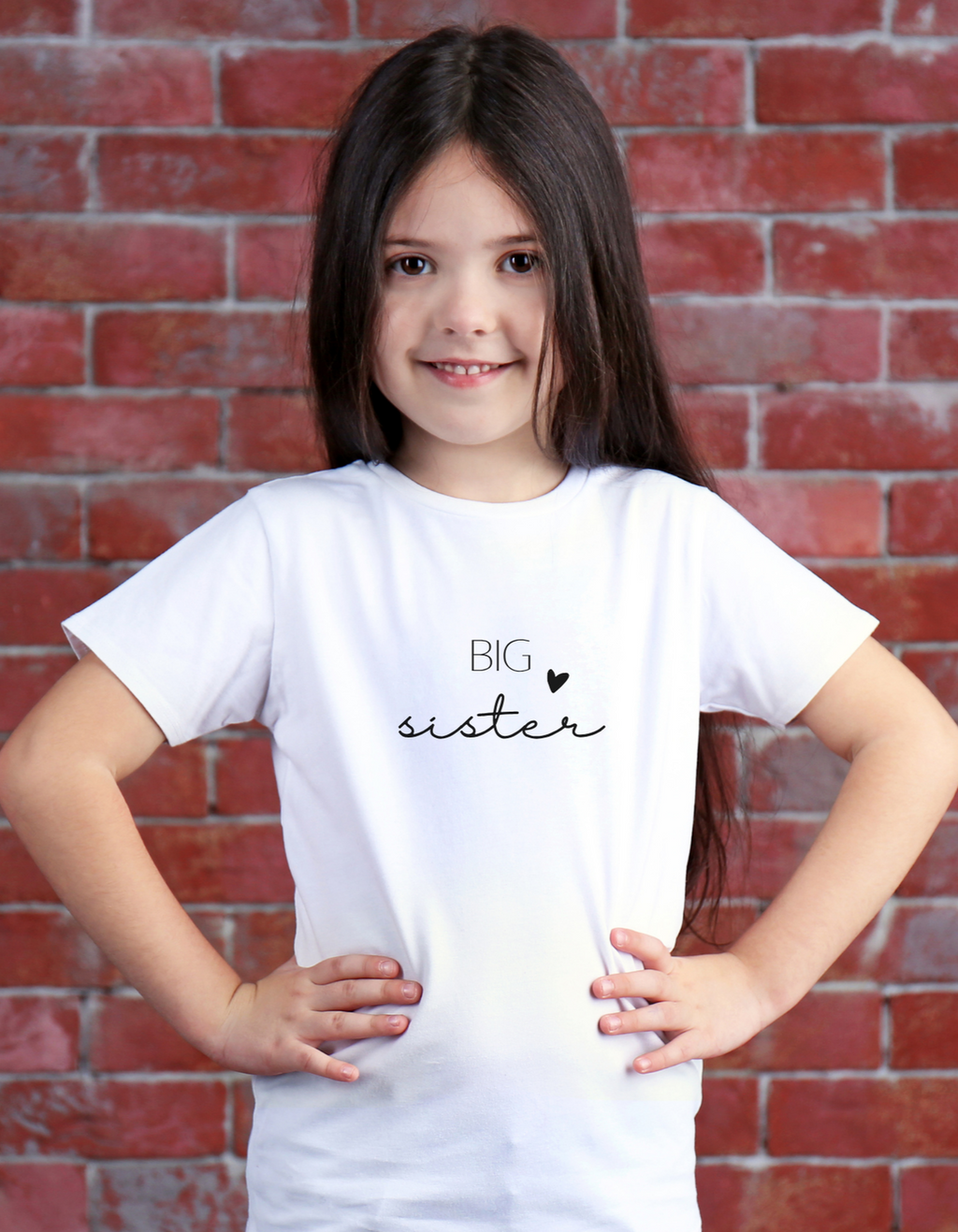 Girl wearing Big Sister T-shirt – sibling announcement tee