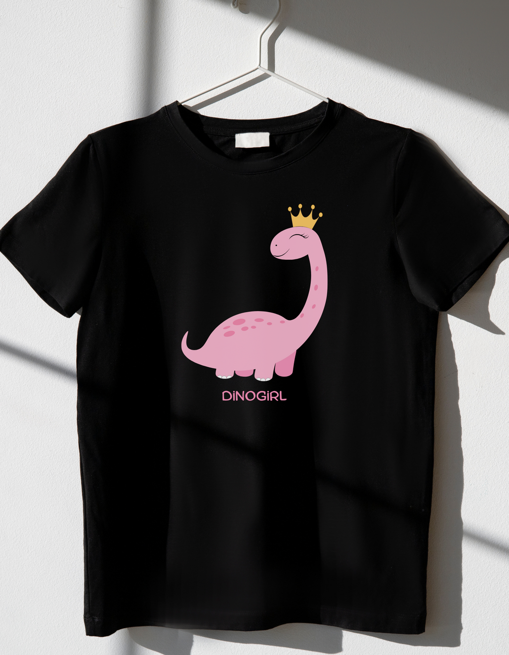 Dino Girl cotton T-shirt – flat lay pink dino tee for girls