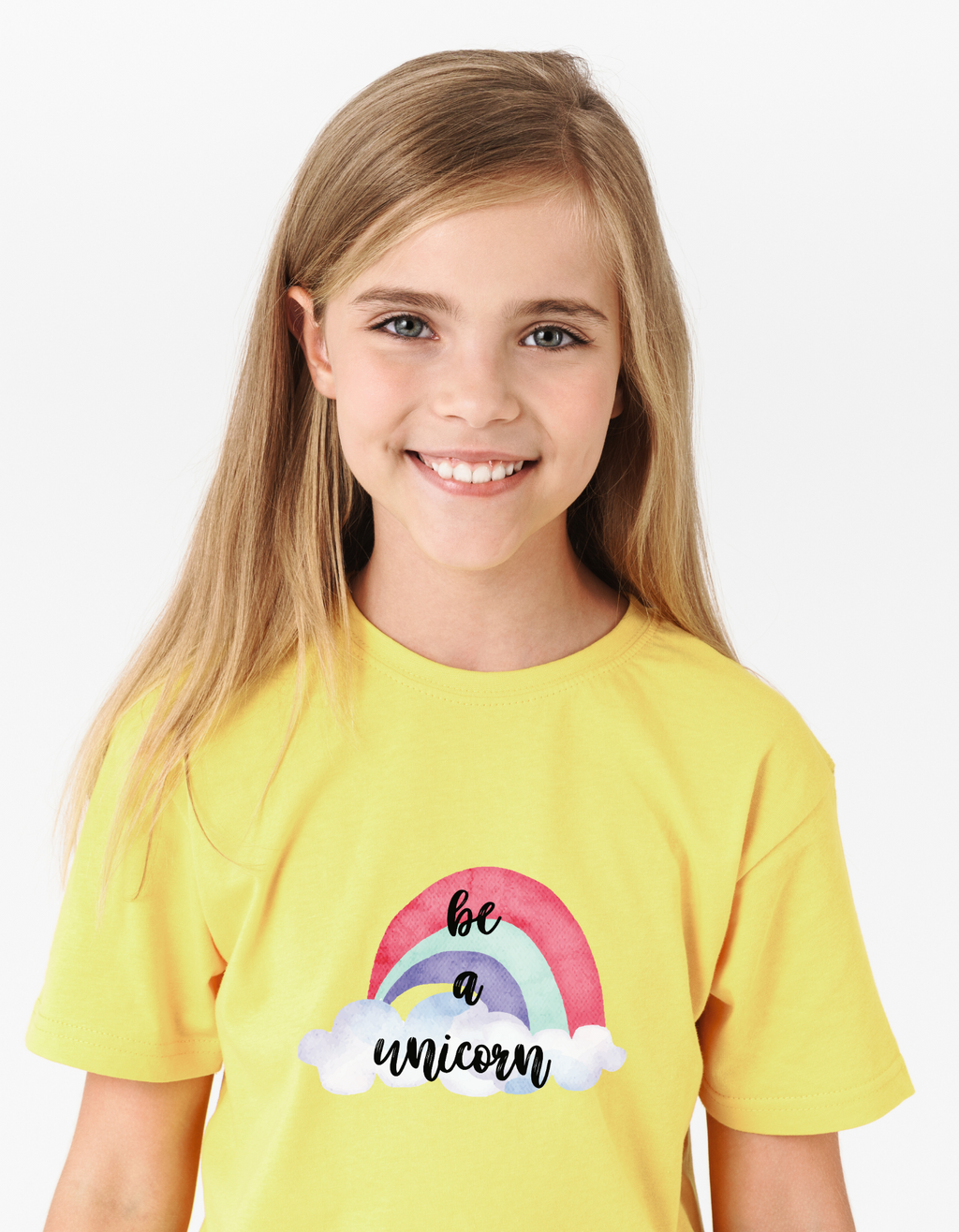 Girl wearing Be a Unicorn cotton T-shirt – unicorn themed
