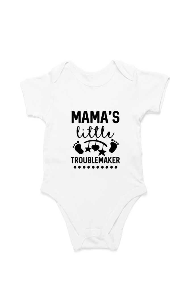 Mama’s Little Trouble Maker baby onesie – flat lay cotton romper front view
