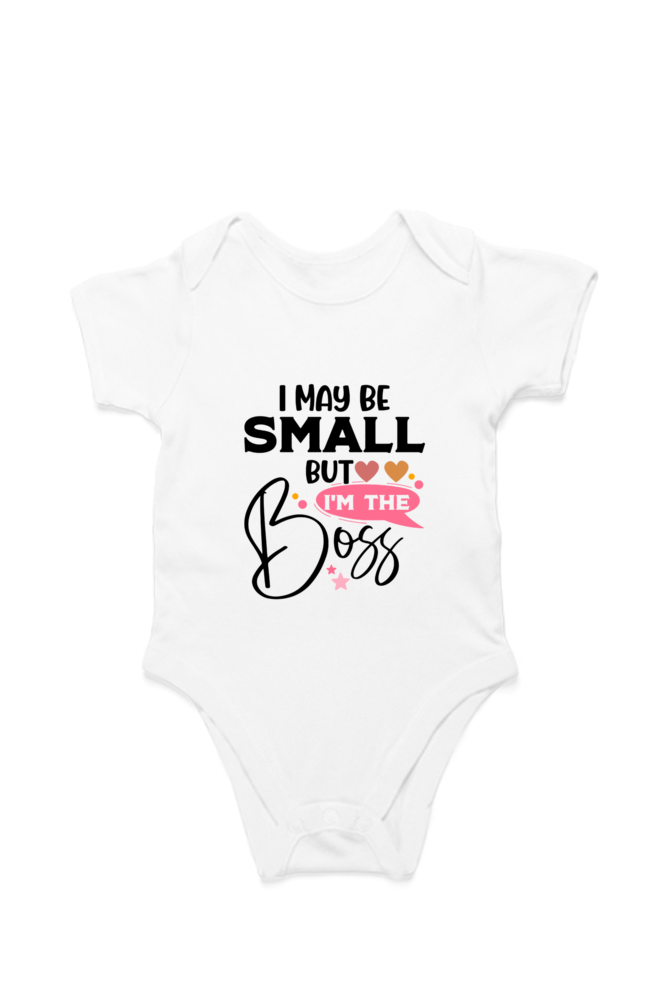I May Be Small But I’m The Boss baby onesie – flat lay cotton romper