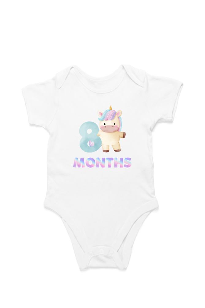 8th Month Unicorn baby onesie – flat lay cotton romper