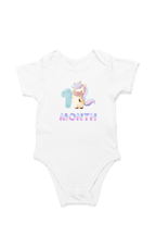 1st Month Unicorn baby onesie – flat lay cotton romper by Mumma’s Cub