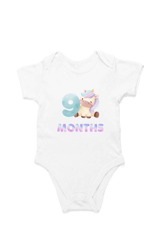 9th Month Unicorn baby onesie – flat lay cotton romper
