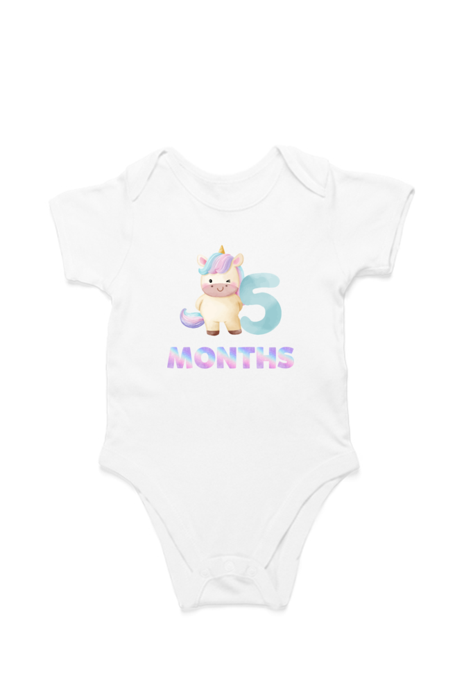 5th Month Unicorn baby onesie – flat lay cotton romper by Mumma’s Cub
