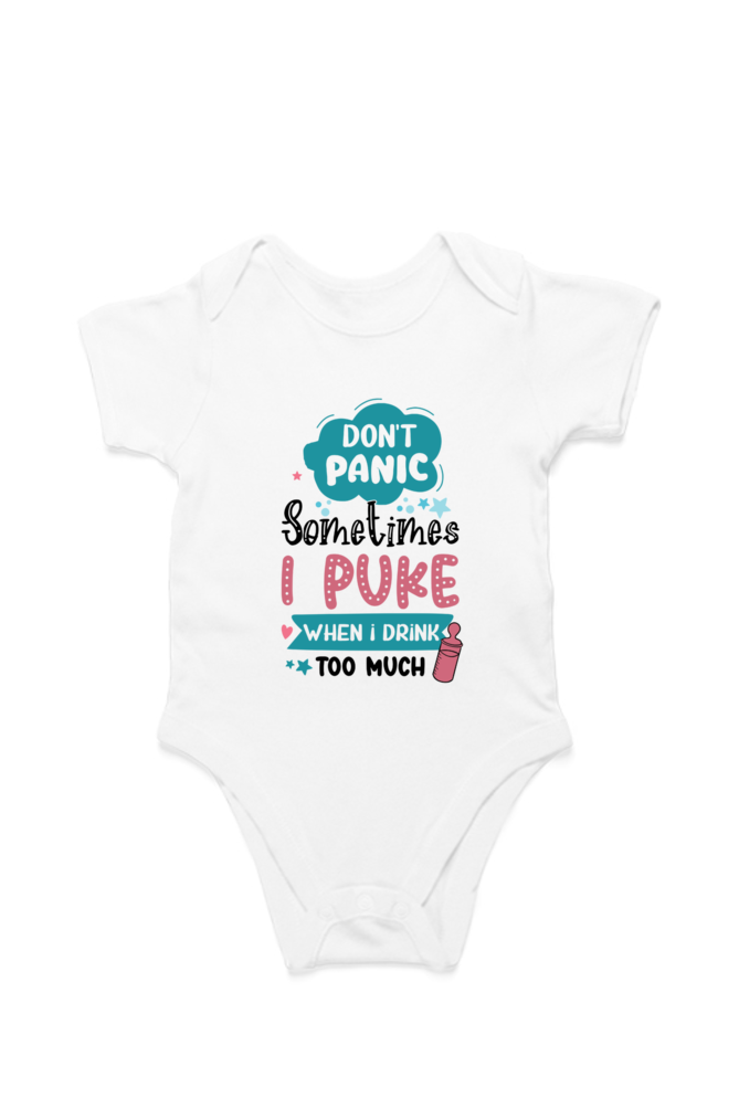 Funny baby onesie with Don’t Panic print – flat lay front view