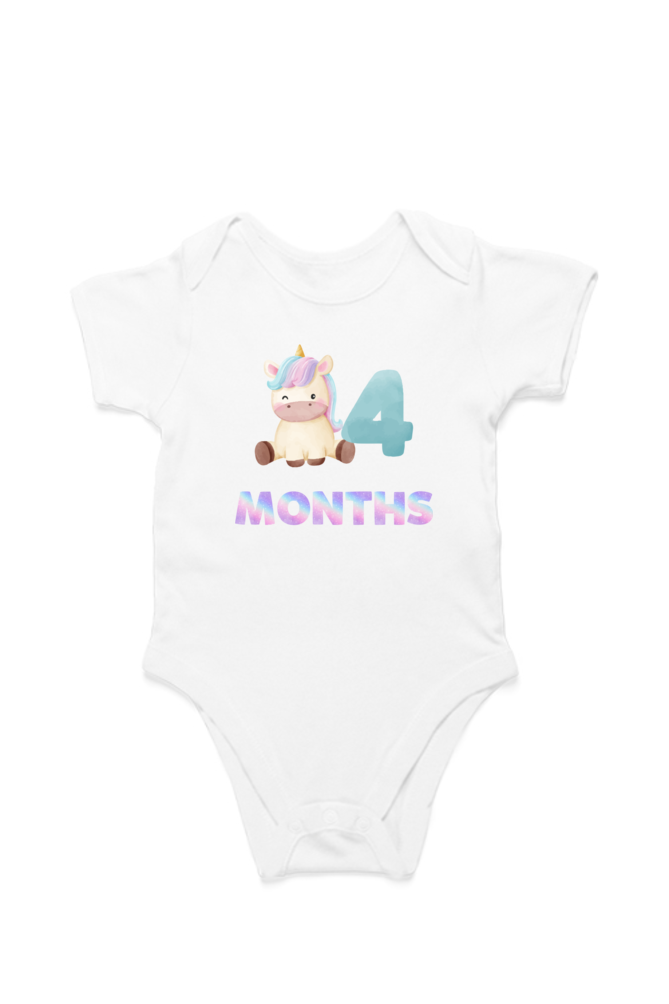 4th Month Unicorn baby onesie – flat lay cotton romper by Mumma’s Cub