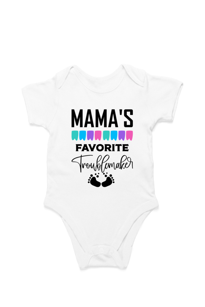 	Mama’s Favorite Trouble Maker baby onesie – flat lay cotton romper front view