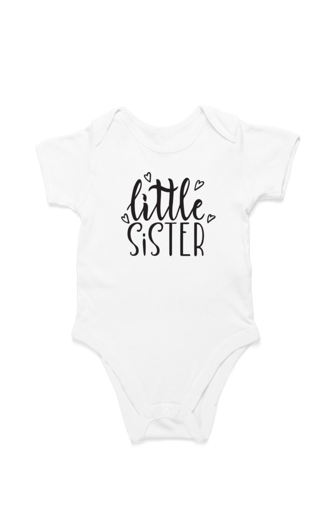 Little Sister baby onesie – flat lay cotton romper by Mumma’s Cub