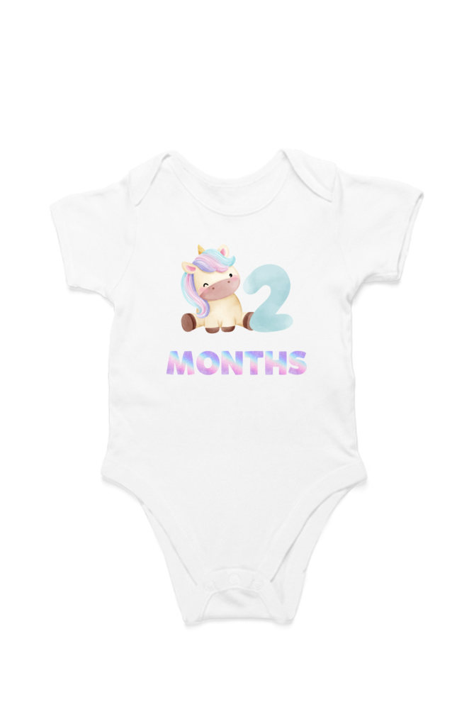 2nd Month Unicorn baby onesie – flat lay cotton romper by Mumma’s Cub
