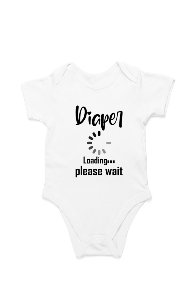 Funny baby onesie with Diaper Loading print – front flat lay view