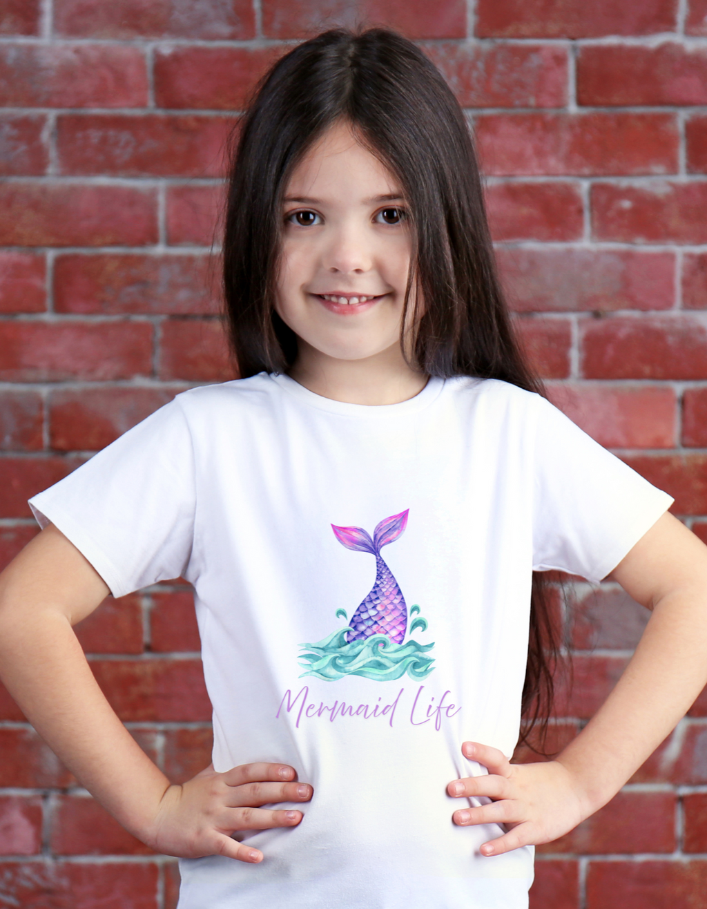 Girl wearing Mermaid Life cotton T-shirt with mermaid print