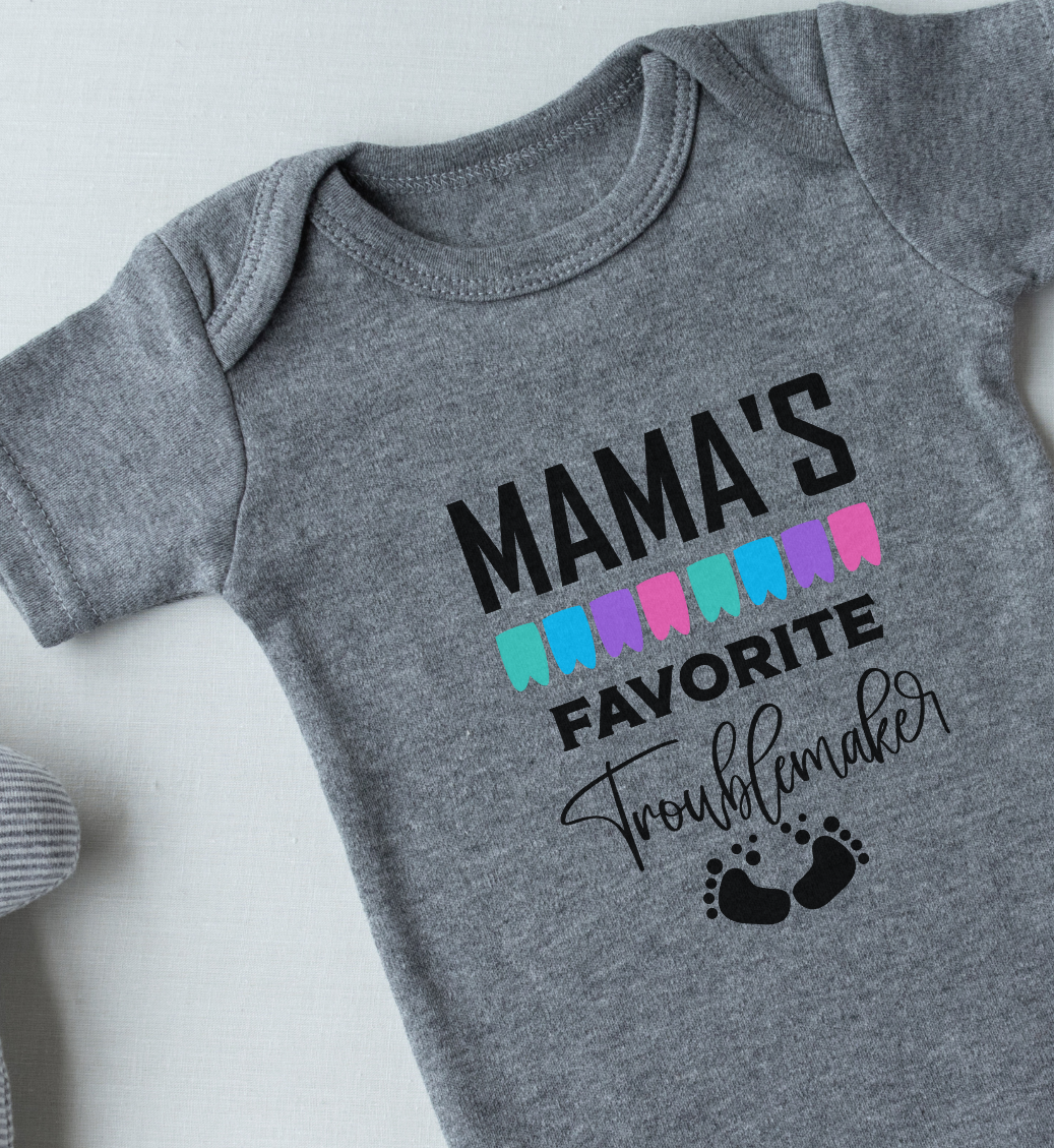 Gray baby onesie with 'Mama's Favorite Troublemaker' text on a white background