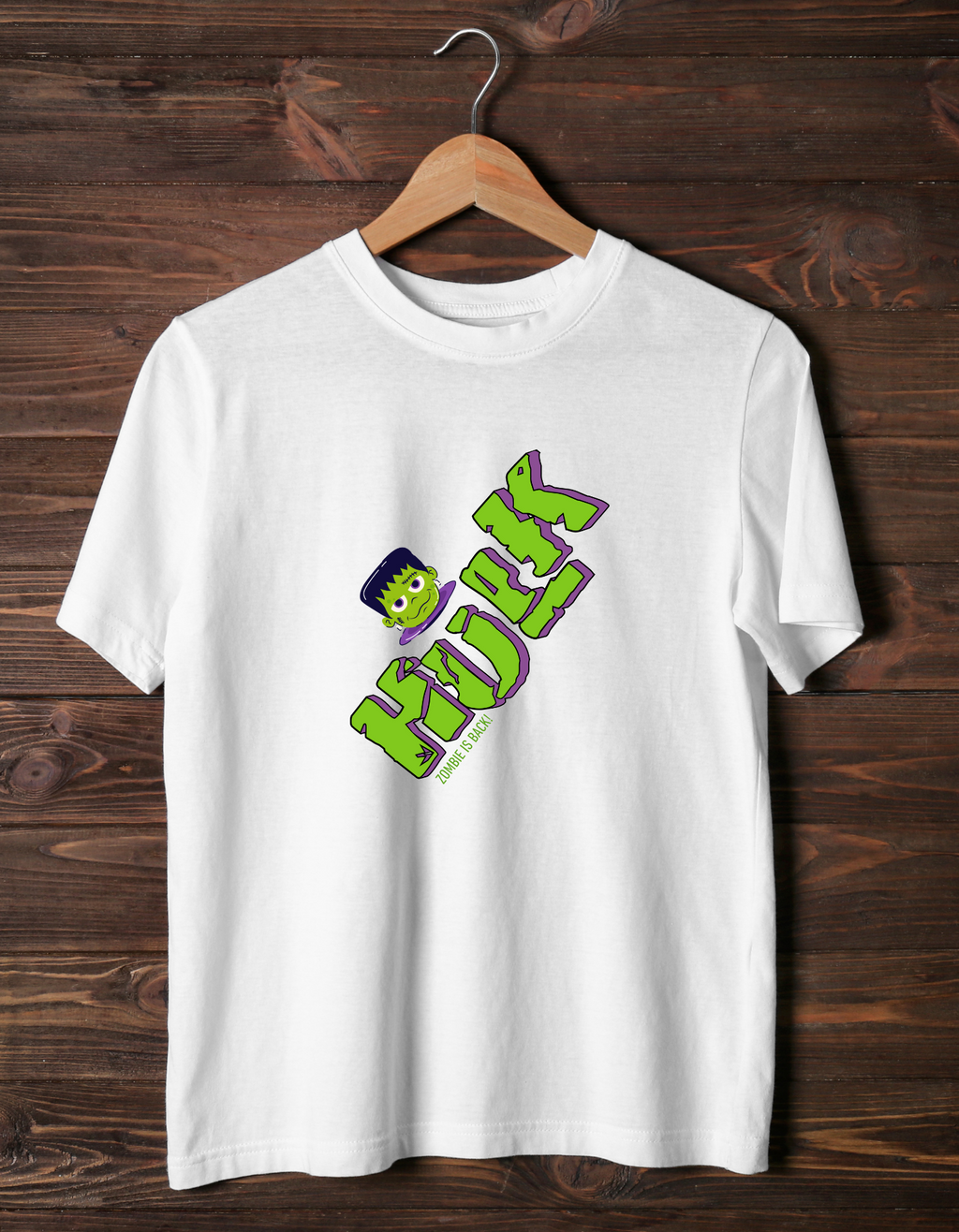 Zombie Hulk cotton T-shirt – flat lay spooky superhero kids tee