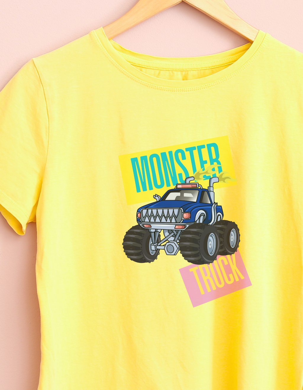Monster Truck cotton T-shirt – flat lay big wheels themed kids tee