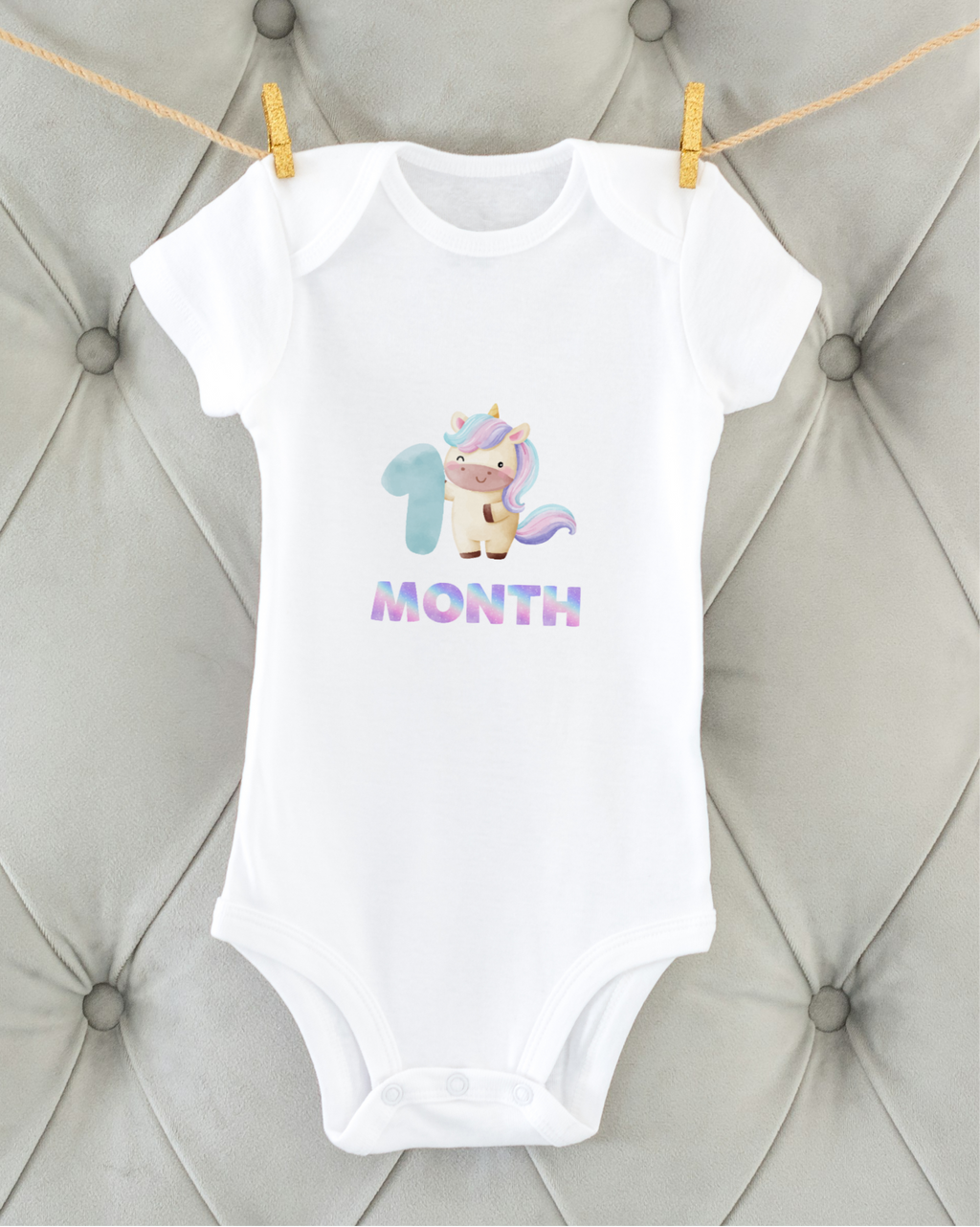 1st Month Unicorn baby onesie – flat lay cotton romper by Mumma’s Cub