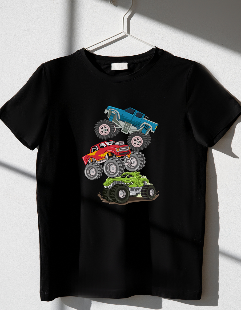 Monster Trucks cotton T-shirt – flat lay kids truck-themed tee
