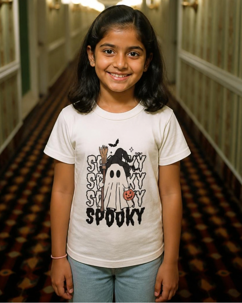A young girl with dark hair stands smiling in a hotel hallway wearing a white graphic t-shirt that says 'SOCKTY SPOOKY' with a ghost and bat design, paired with light blue jeans.
