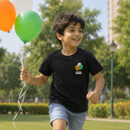 Unisex kids cotton t-shirt by Mumma's Cub featuring tricolor balloons on the left chest with the Sanskrit word "एकीभवत"