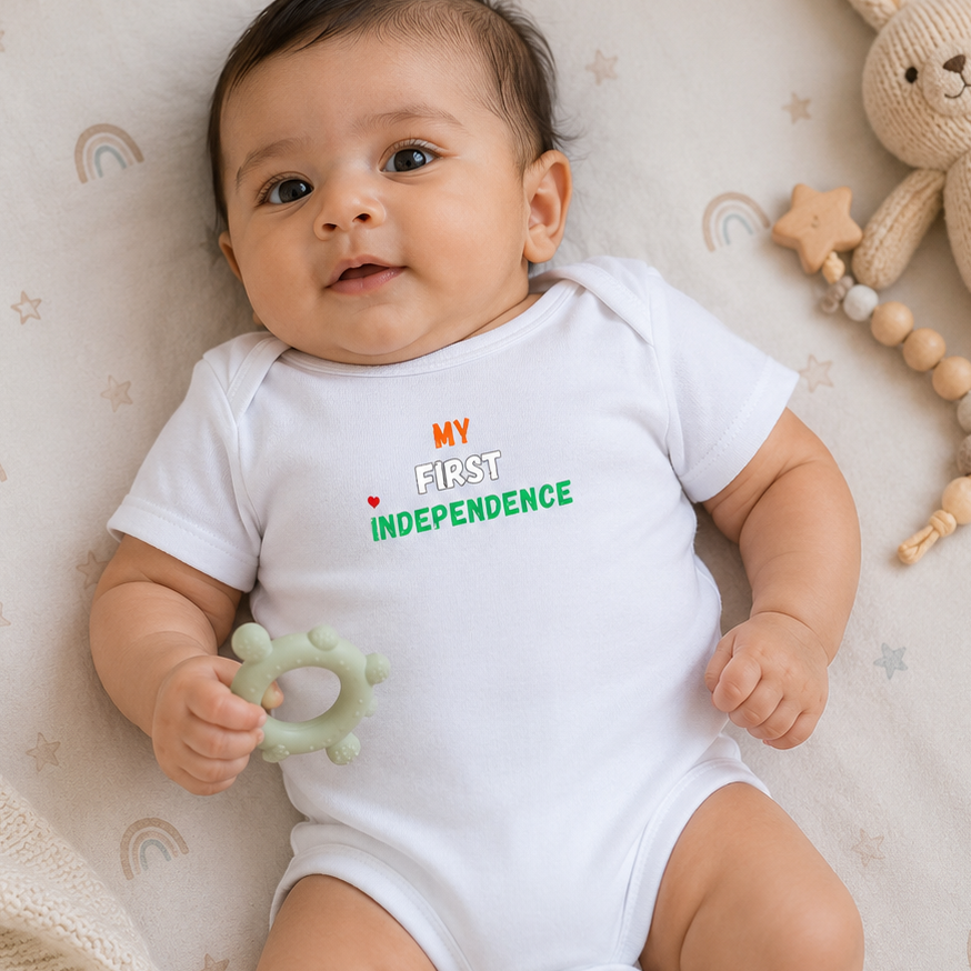 Baby wearing Mumma's Cub "My First Independence" tricolor cotton onesie made from super combed 100% cotton