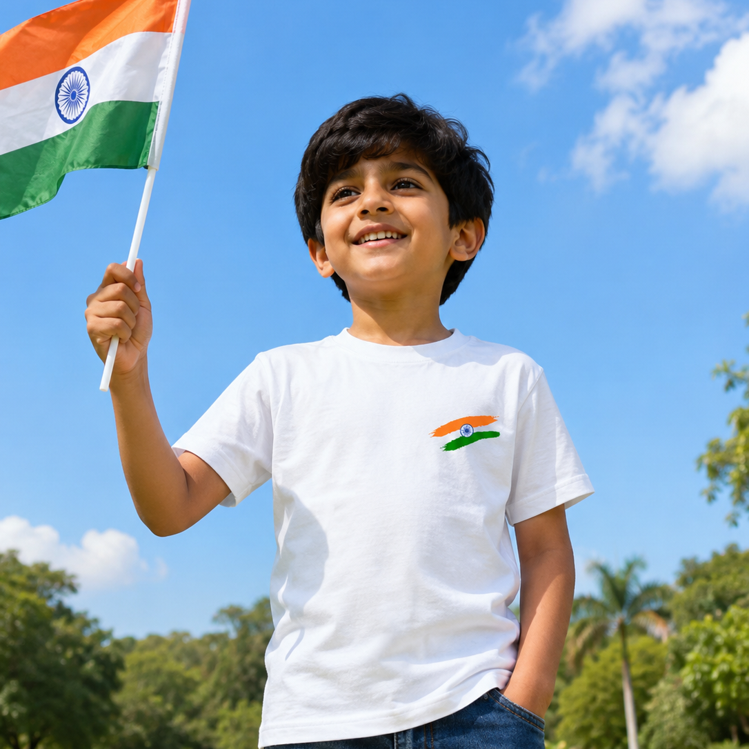 Unisex kids wearing Mumma's Cub cotton t-shirt with minimalist Indian tricolor flag print on the left chest