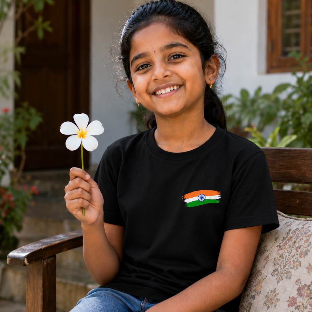 Unisex kids wearing Mumma's Cub cotton t-shirt with minimalist Indian tricolor flag print on the left chest