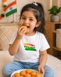 Kids wearing Mumma's Cub white cotton unisex t-shirt with तिरंगे का नन्हा रंग Hindi print and Indian tricolour design for Independence Day celebration.