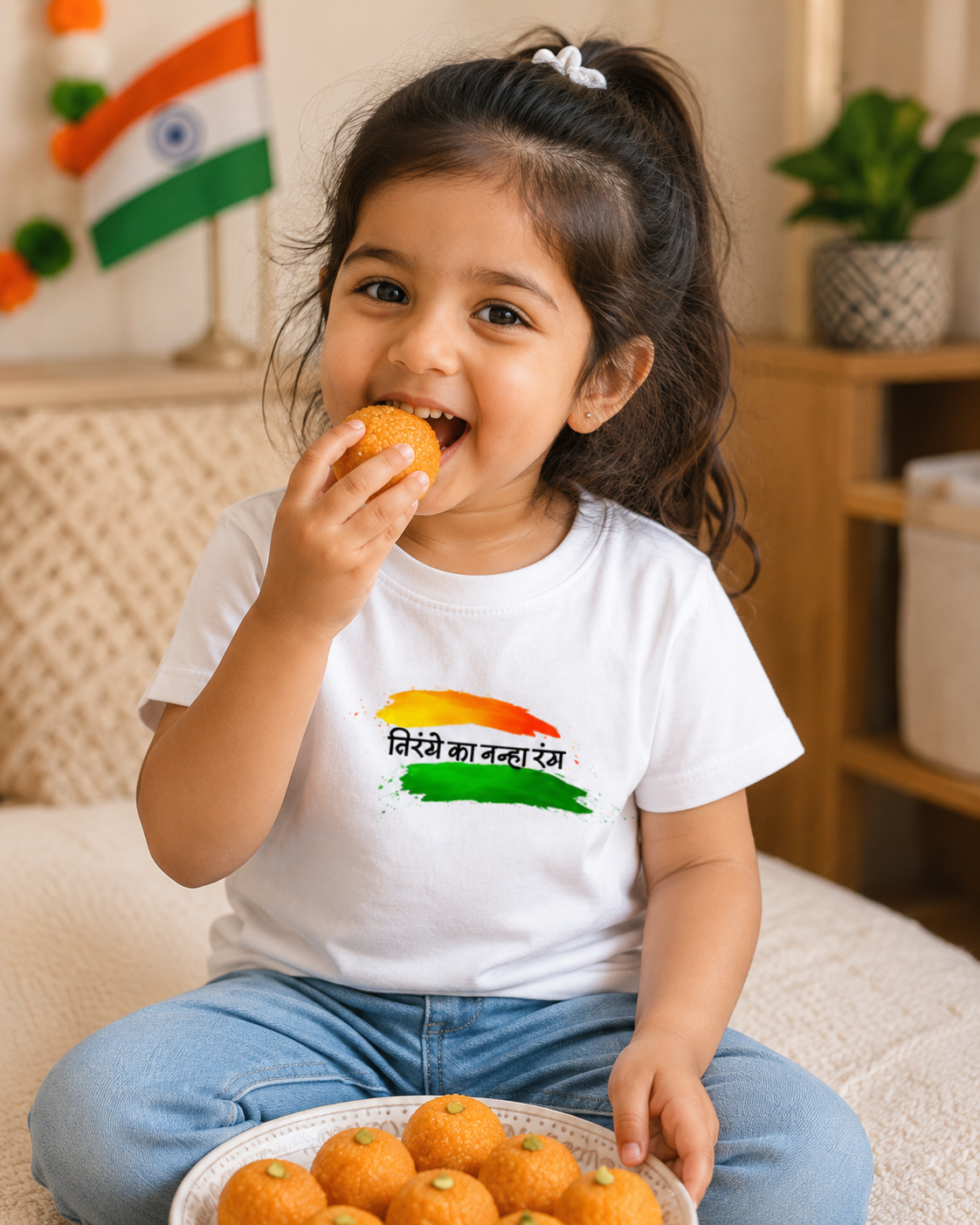 Kids wearing Mumma's Cub white cotton unisex t-shirt with तिरंगे का नन्हा रंग Hindi print and Indian tricolour design for Independence Day celebration.