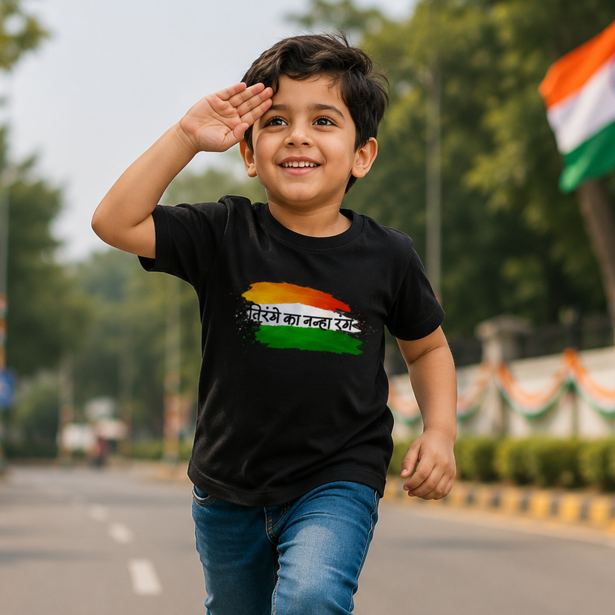 Kids wearing Mumma's Cub white cotton unisex t-shirt with तिरंगे का नन्हा रंग Hindi print and Indian tricolour design for Independence Day celebration.