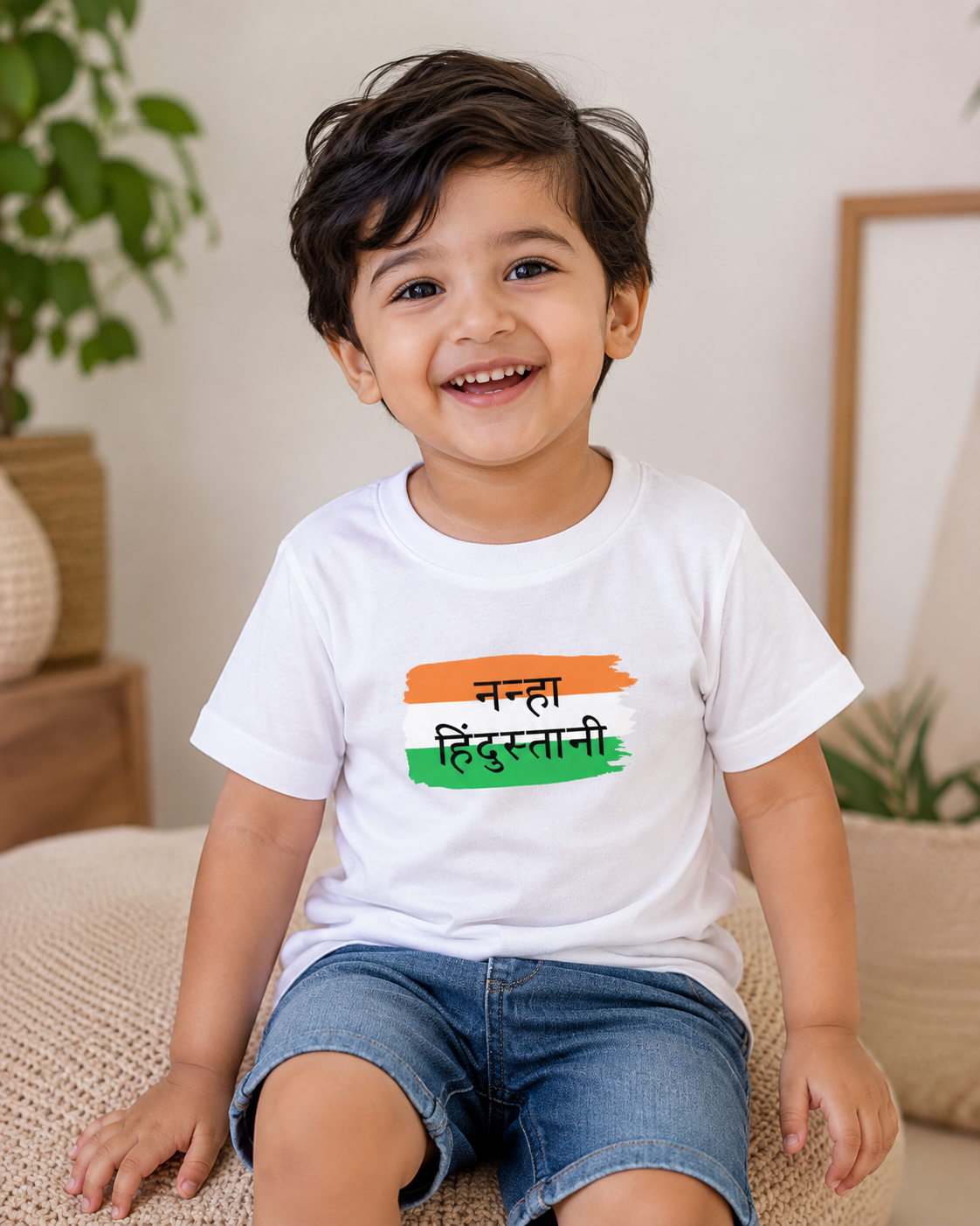 Nanha Hindustani Hindi patriotic kids cotton t-shirt with tricolour brushstroke print for Independence Day by Mumma's Cub
