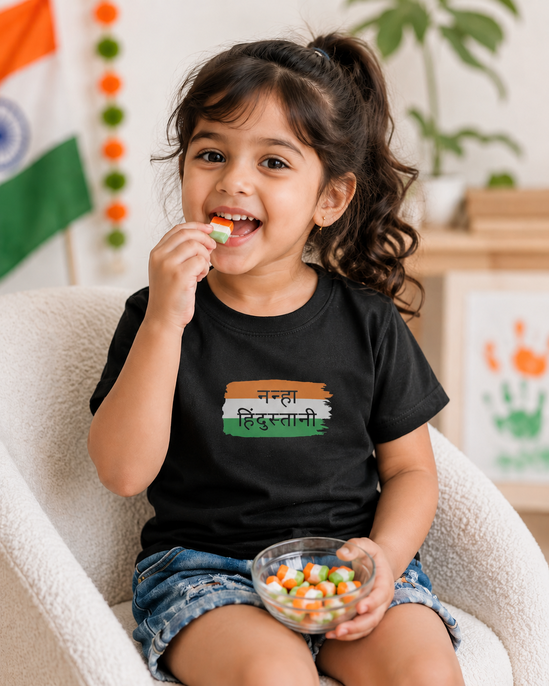 Nanha Hindustani Hindi patriotic kids cotton t-shirt with tricolour brushstroke print for Independence Day by Mumma's Cub