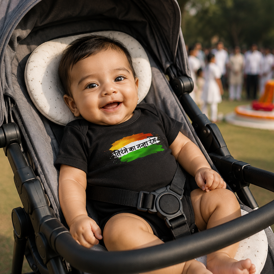 Baby wearing white cotton onesie with तिरंगे का नन्हा रंग Hindi print and Indian tricolour artwork by Mumma's Cub for Independence Day.
