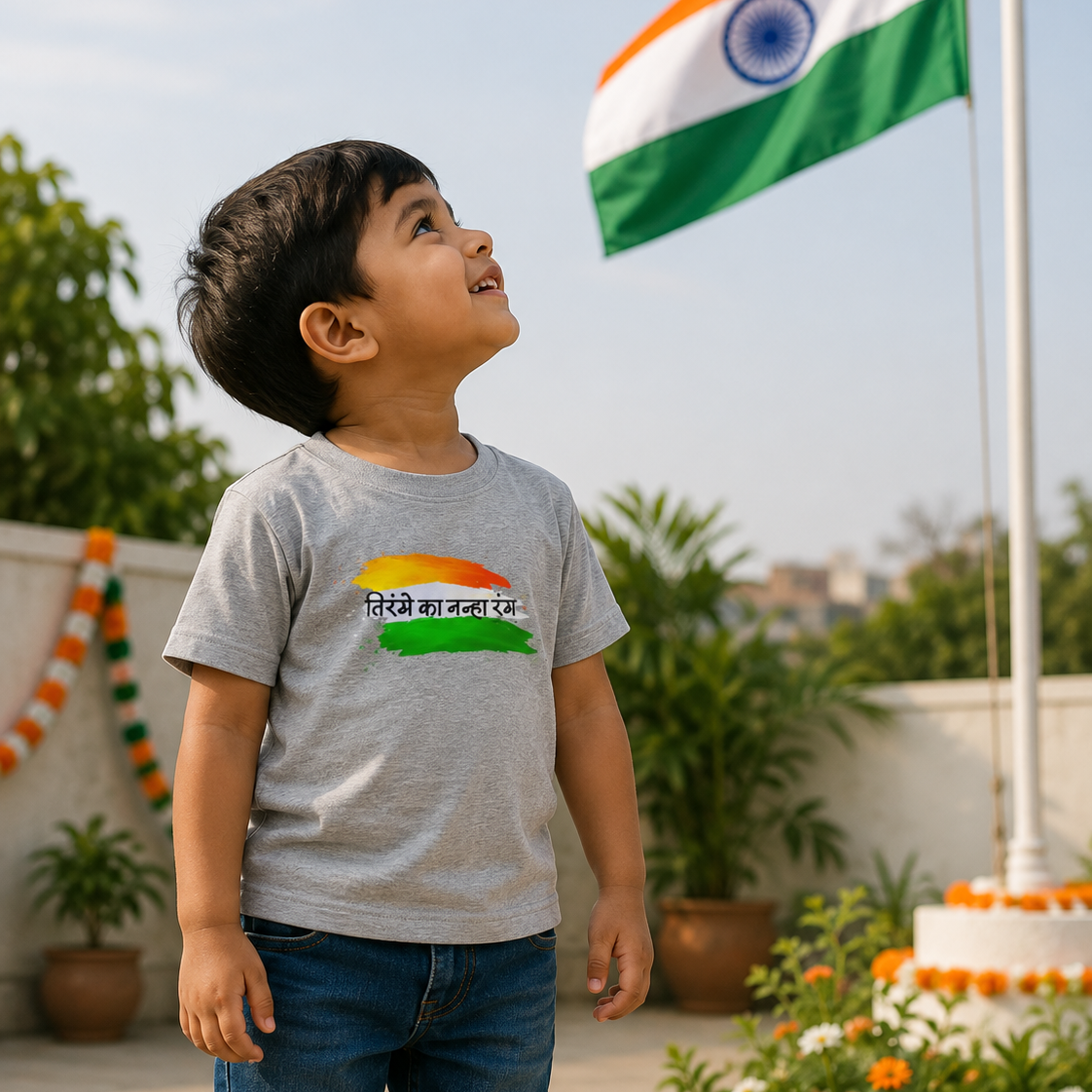 Kids wearing Mumma's Cub white cotton unisex t-shirt with तिरंगे का नन्हा रंग Hindi print and Indian tricolour design for Independence Day celebration.