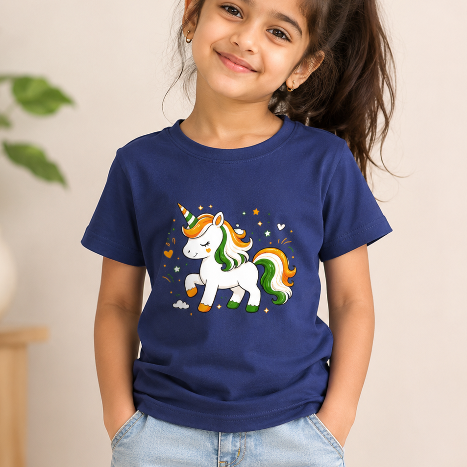 Girl wearing Mumma's Cub tricolor unicorn cotton t-shirt for Independence Day celebration in premium 100% cotton