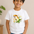 Boy wearing Mumma's Cub tricolor dinosaur cotton t-shirt for Independence Day in soft 100% cotton