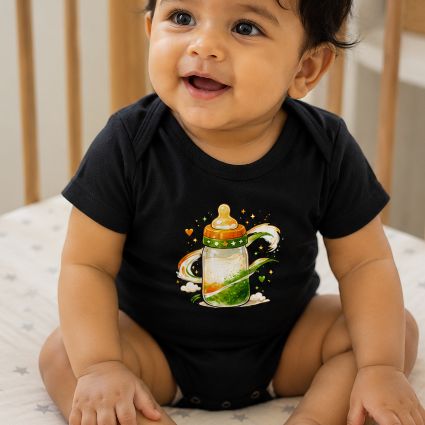 Baby wearing Mumma's Cub tricolor milk bottle cotton onesie made from super combed 100% cotton for Independence Day