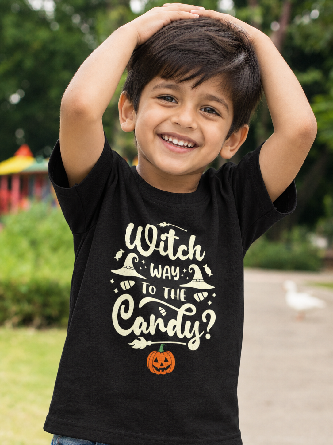 kids in wearing halloween t-shirt witch & candy