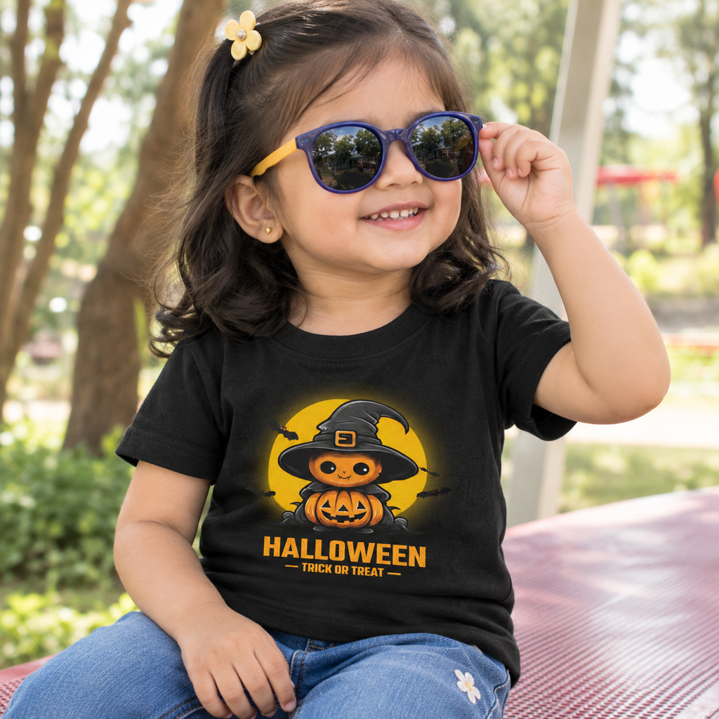 A young child wearing a black graphic t-shirt with a cartoon jack-o'-lantern in a witch hat and the text 'HALLOWEEN' on the front, paired with blue jeans and purple sunglasses, sitting outdoors.