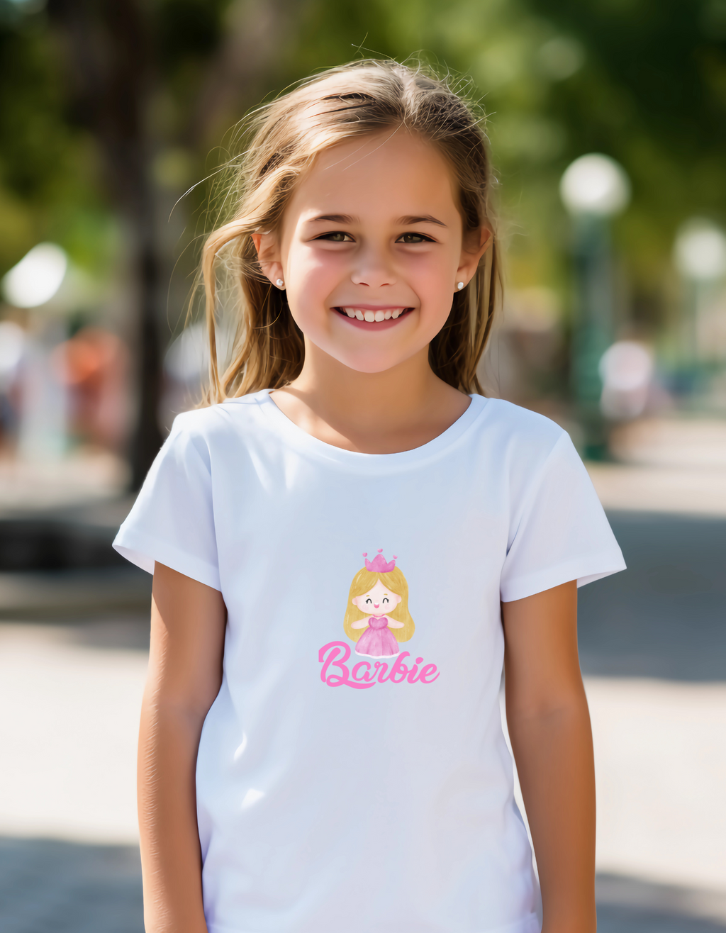 Girl wearing Barbie Doll T-shirt – cute fashion-inspired cotton tee