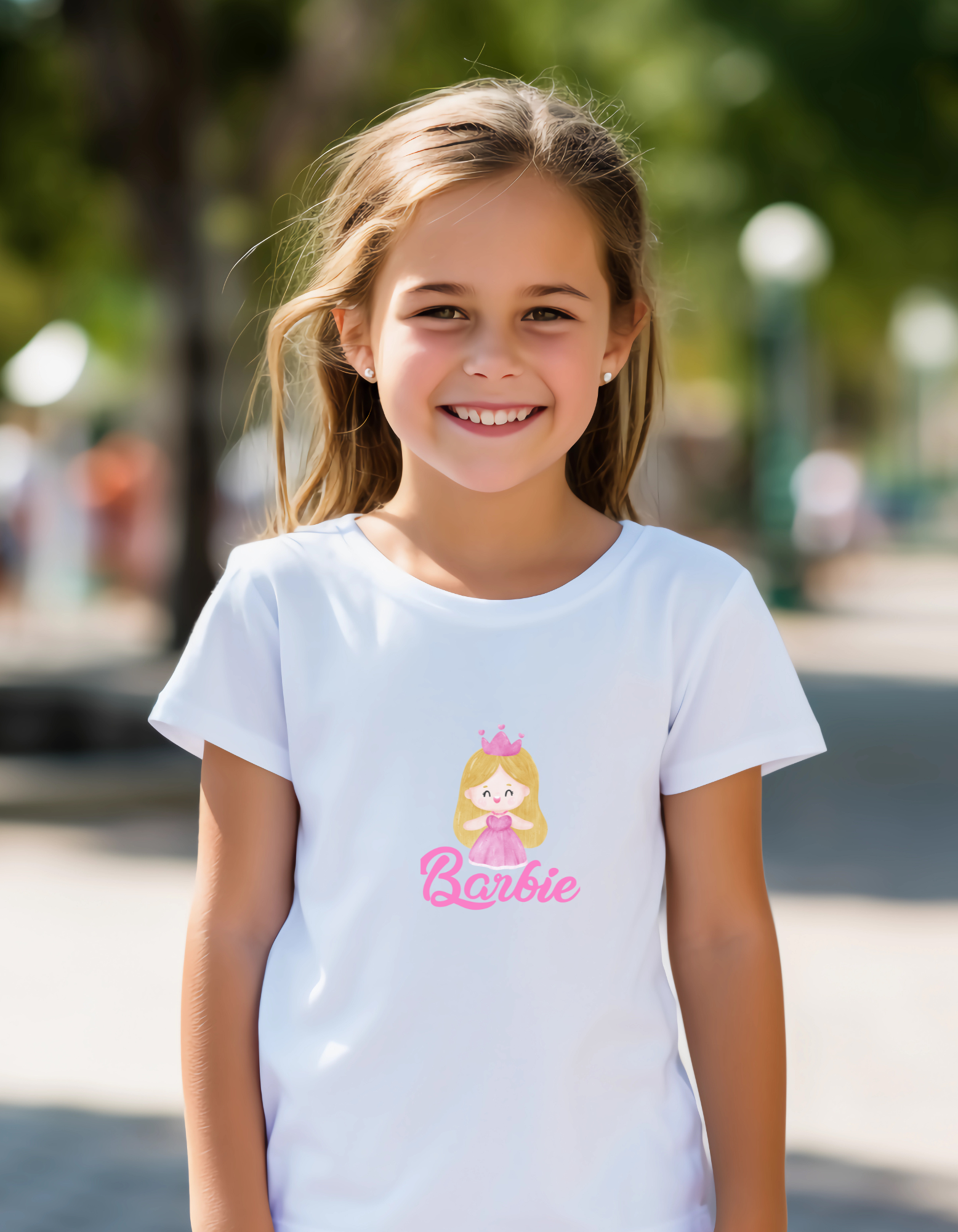 Girl wearing Barbie Doll T-shirt – cute fashion-inspired cotton tee