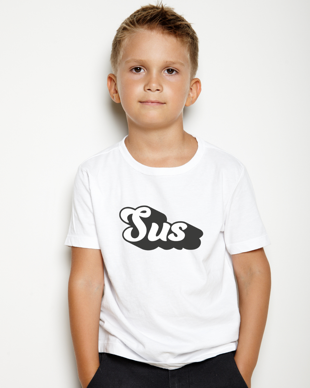 Kids wearing a cotton T-shirt with bold "SUS" print – fun gaming-themed clothing