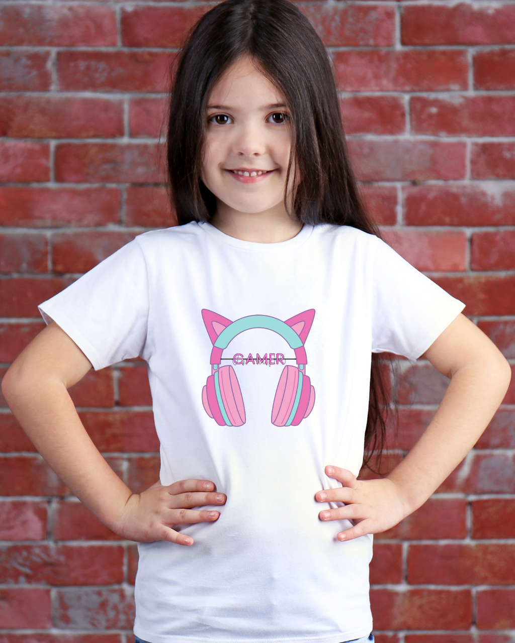 Kids cotton T-shirt with pink headphones and ears graphic and “Gamer” text