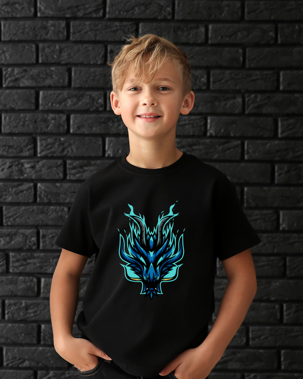 Kids cotton T-shirt with bold fiery dragon graphic print.