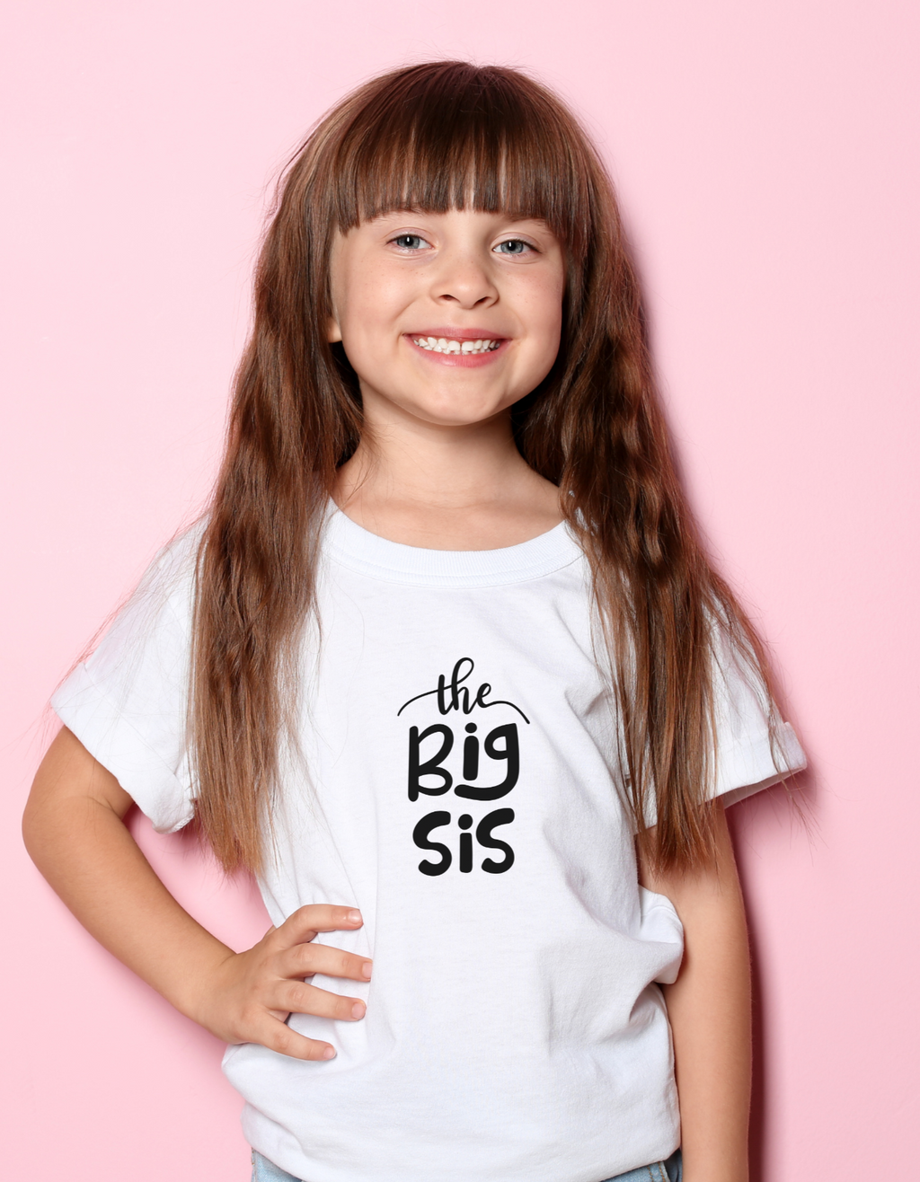 Girl wearing The Big Sis T-shirt – cute sibling celebration cotton tee