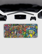 Large gaming desk pad with doodle print and stitched edges – 80×33 cm